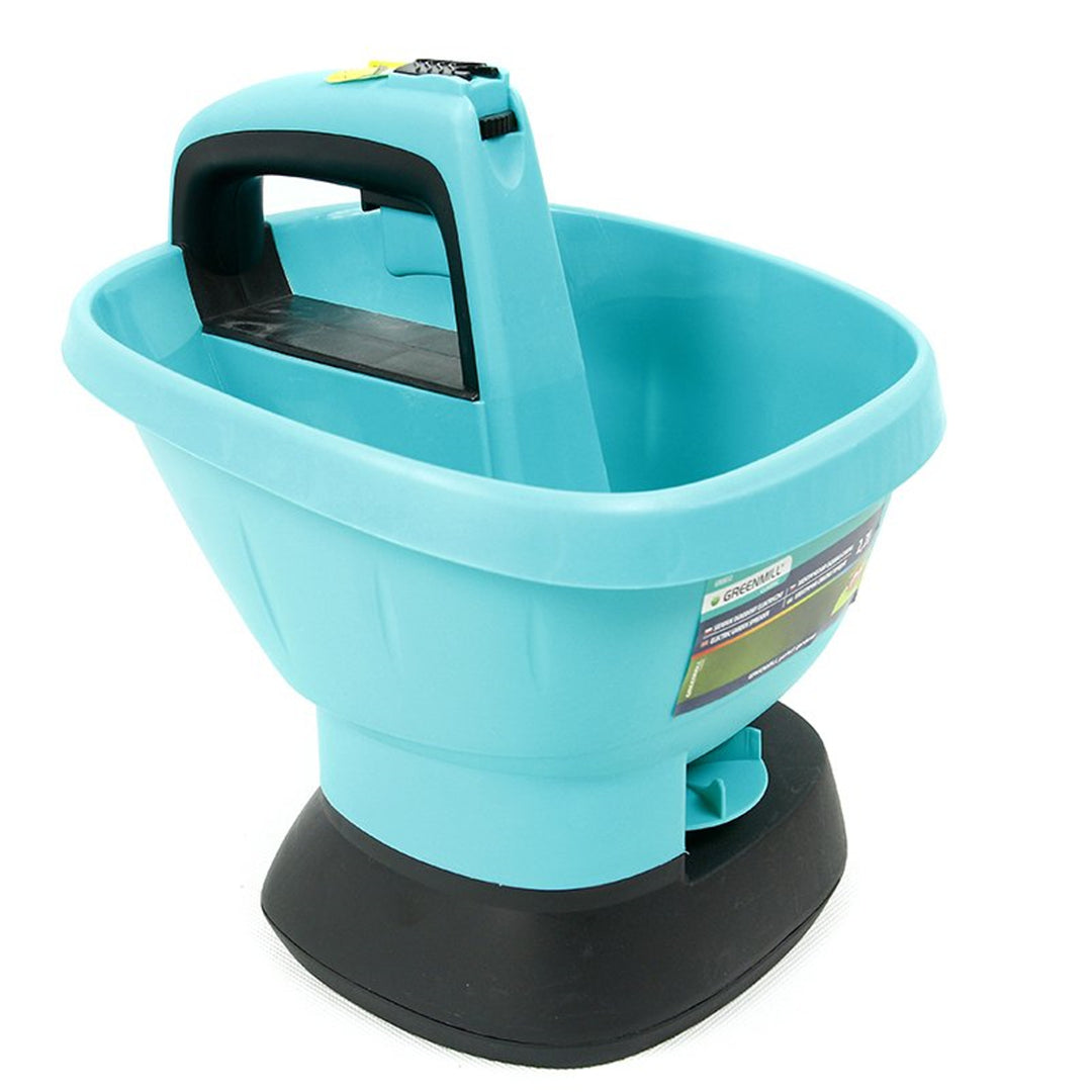 Espalhador elétrico manual, semeador de jardim, a pilhas, regulação de velocidade, ajuste de dosagem, empurrador de sementes 2.7L Greenmill GR0032