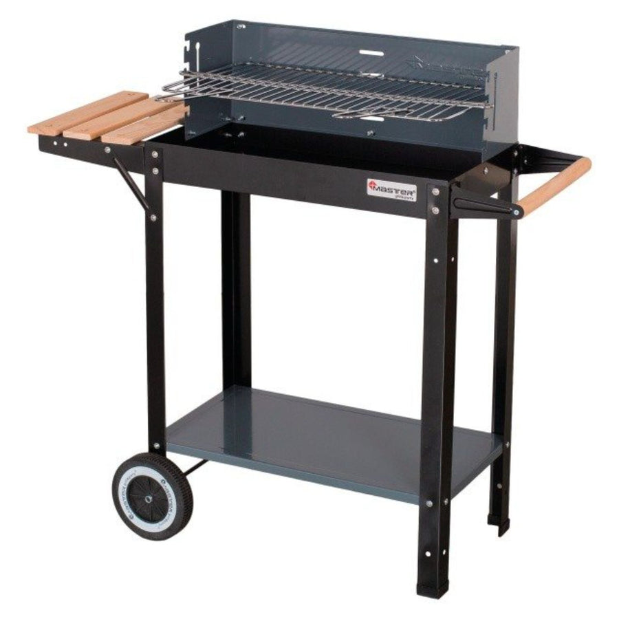 Parrilla rectangular de carbón 53 x 27cm con estante y ruedas Master Grill