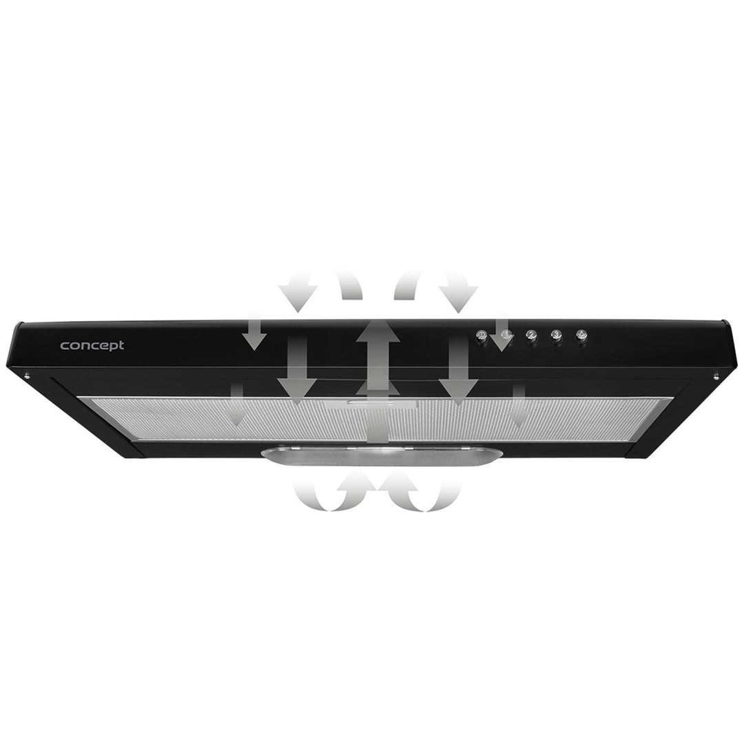 Sob o capô do gabinete com filtro de gordura preto de 60 cm Concept OPP2060bc