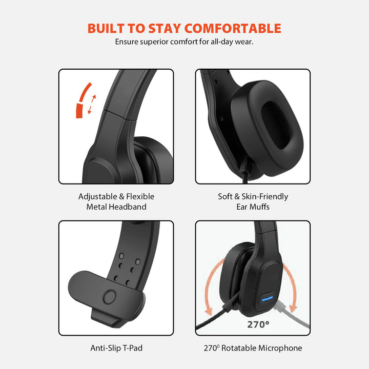 Audiocore AC864 Auriculares Bluetooth con micrófono de cancelación de ruido para el centro de llamadas Auriculares sobre la oreja 32 horas de tiempo de conversación Inalámbrica de manos libres Compatible con Google Assistant y Siri