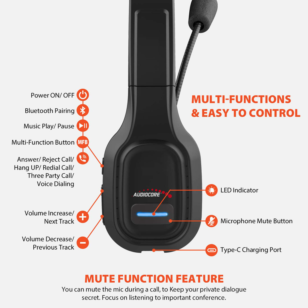 Audiocore AC864 Auriculares Bluetooth con micrófono de cancelación de ruido para el centro de llamadas Auriculares sobre la oreja 32 horas de tiempo de conversación Inalámbrica de manos libres Compatible con Google Assistant y Siri