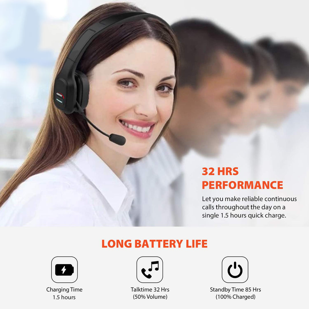 Audiocore AC864 Auriculares Bluetooth con micrófono de cancelación de ruido para el centro de llamadas Auriculares sobre la oreja 32 horas de tiempo de conversación Inalámbrica de manos libres Compatible con Google Assistant y Siri