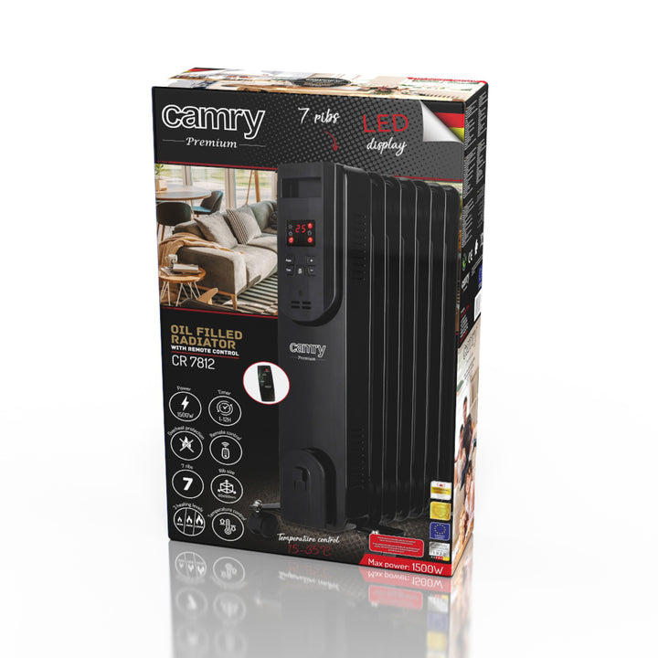 Aquecedor de óleo 7 aletas 1500W Display LED Controle Remoto Camry CR7812