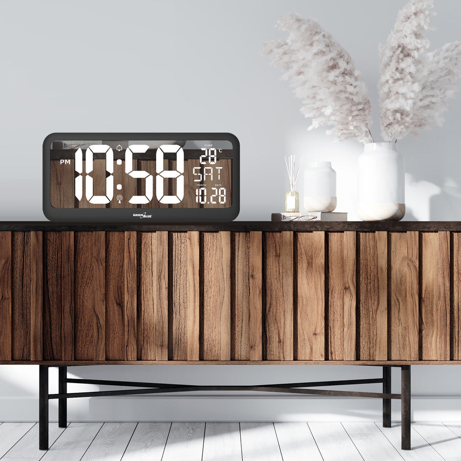 Grande relógio digital com sensor de temperatura tela LED 37x17cm Mesa de alarme ou relógio de parede alimentado por cabo ou baterias