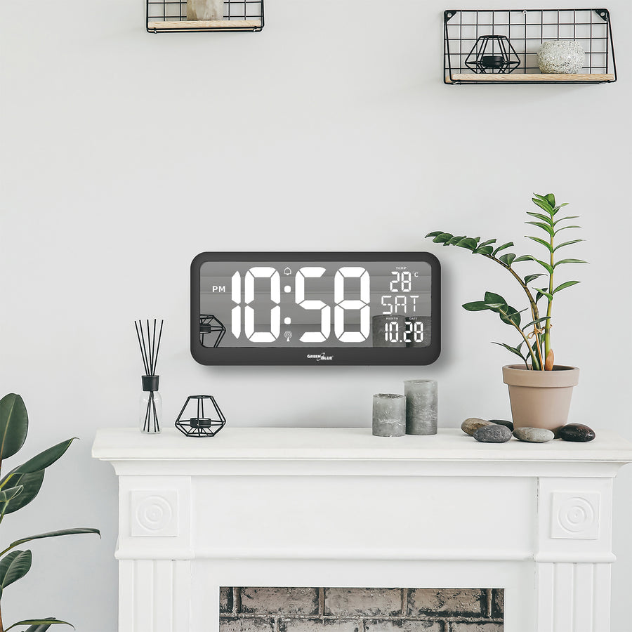 Grande relógio digital com sensor de temperatura tela LED 37x17cm Mesa de alarme ou relógio de parede alimentado por cabo ou baterias