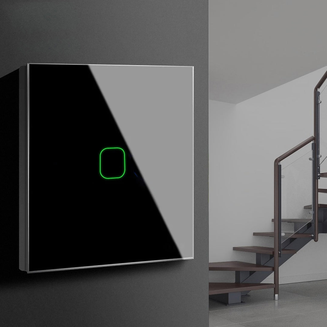 Interruptor de luz táctil Maclean, simple, de paso, en cruz, de cristal, negro con iluminación de botón cuadrado, 86x86mm, MCE713B