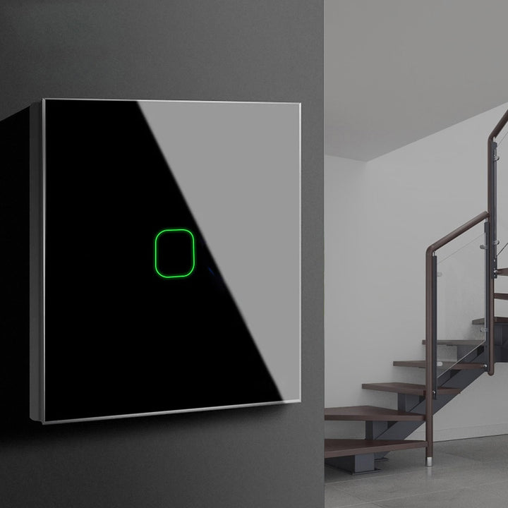Interruptor de luz táctil Maclean, simple, de paso, en cruz, de cristal, negro con iluminación de botón cuadrado, 86x86mm, MCE713B