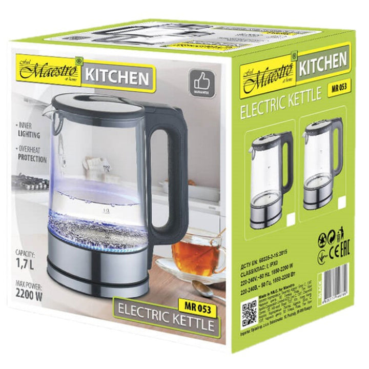 Hervidor eléctrico de vidrio con luz interior 1,7L Base de 360 grados Apagado automático Filtro anticalcáreo Indicador de nivel de agua 220-240V, ~50Hz, 2200W