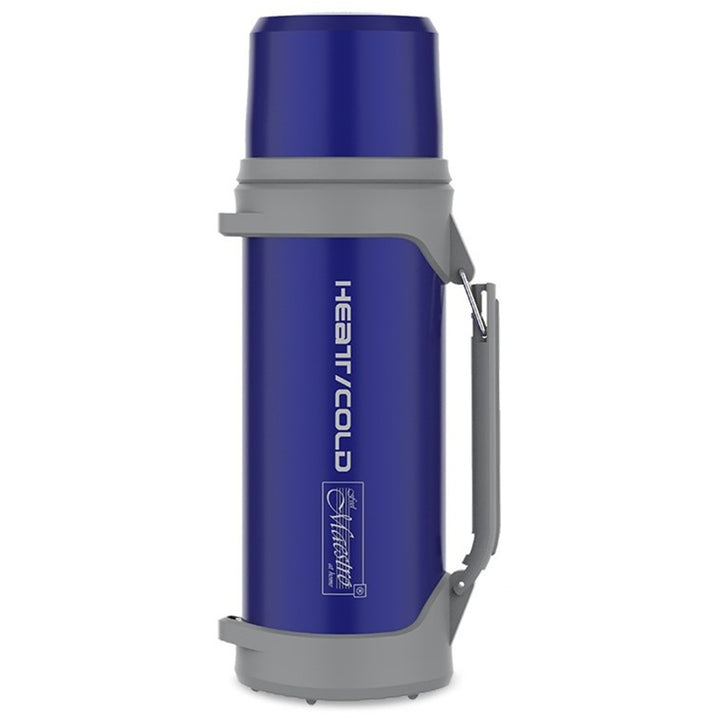 Botella isotérmica de 1L con vaso 350ml con aislamiento al vacío y correa de transporte de 110cm Botella isotérmica de acero inoxidable 304 + plástico para bebidas calientes o frías (azul marino)