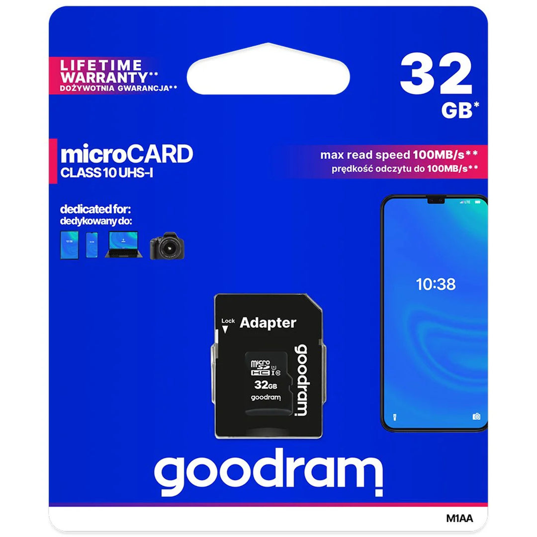 Tarjeta de memoria microSD de 32 GB + adaptador SD clase 10 UHS-I Goodram