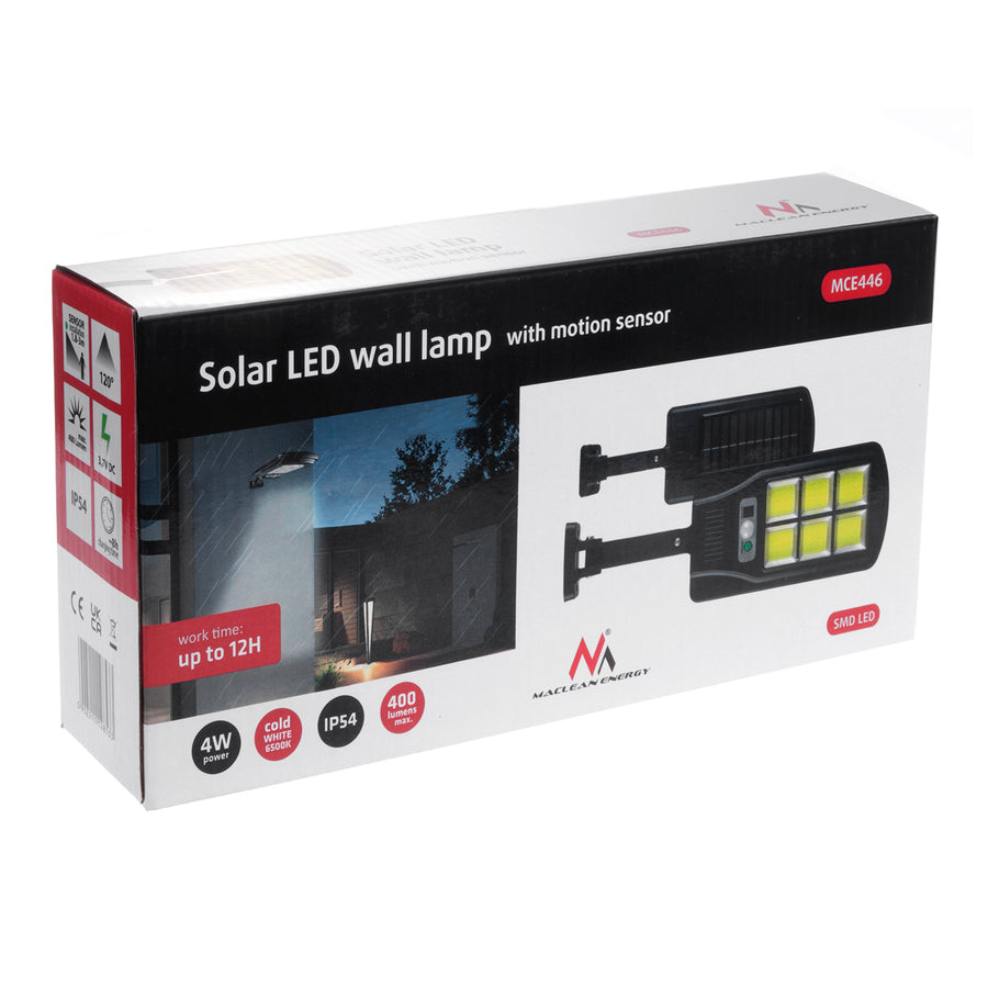 Poste solar LED com sensor de movimento e controle remoto Maclean IP54, 4W, 400lm, 6500K, Li-ion 1200 mAh, 3 modos de operação MCE446