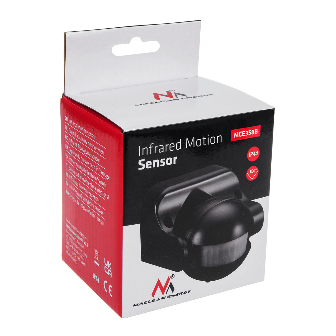 Sensor de movimento infravermelho Maclean MCE358 B Sensor PIR de 180° com sensor infravermelho de crepúsculo IP44 | Uso interno e externo | Alcance até 12 m | Carga de 300/1200 W