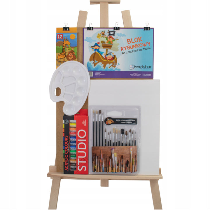 Conjunto de pintura grande e completo: tintas, pincéis e cavalete