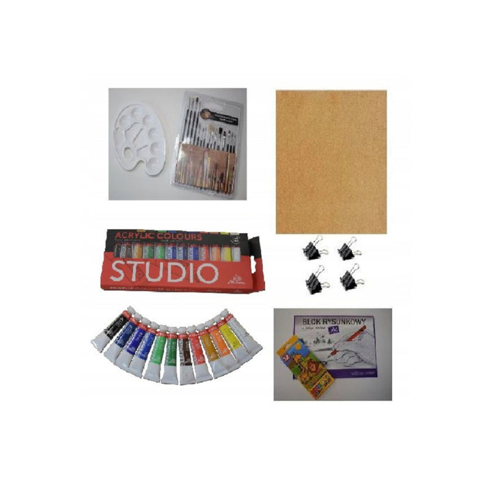 Conjunto de pintura grande e completo: tintas, pincéis e cavalete