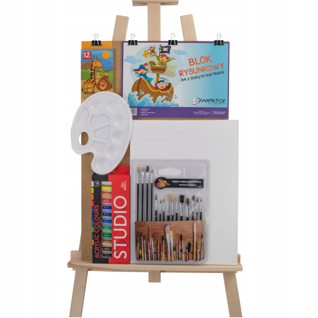Conjunto de pintura grande e completo: tintas, pincéis e cavalete