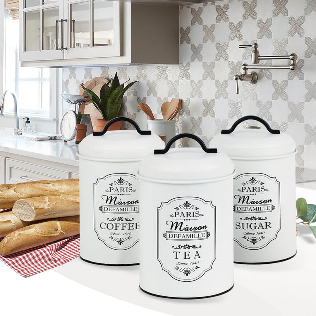 Paris 3 peças de latas de armazenamento conjunto de latas de armazenamento de metal açúcar café chá recipiente de cozinha açúcar café chá 3x Ø11.3x18.5cm branco/preto