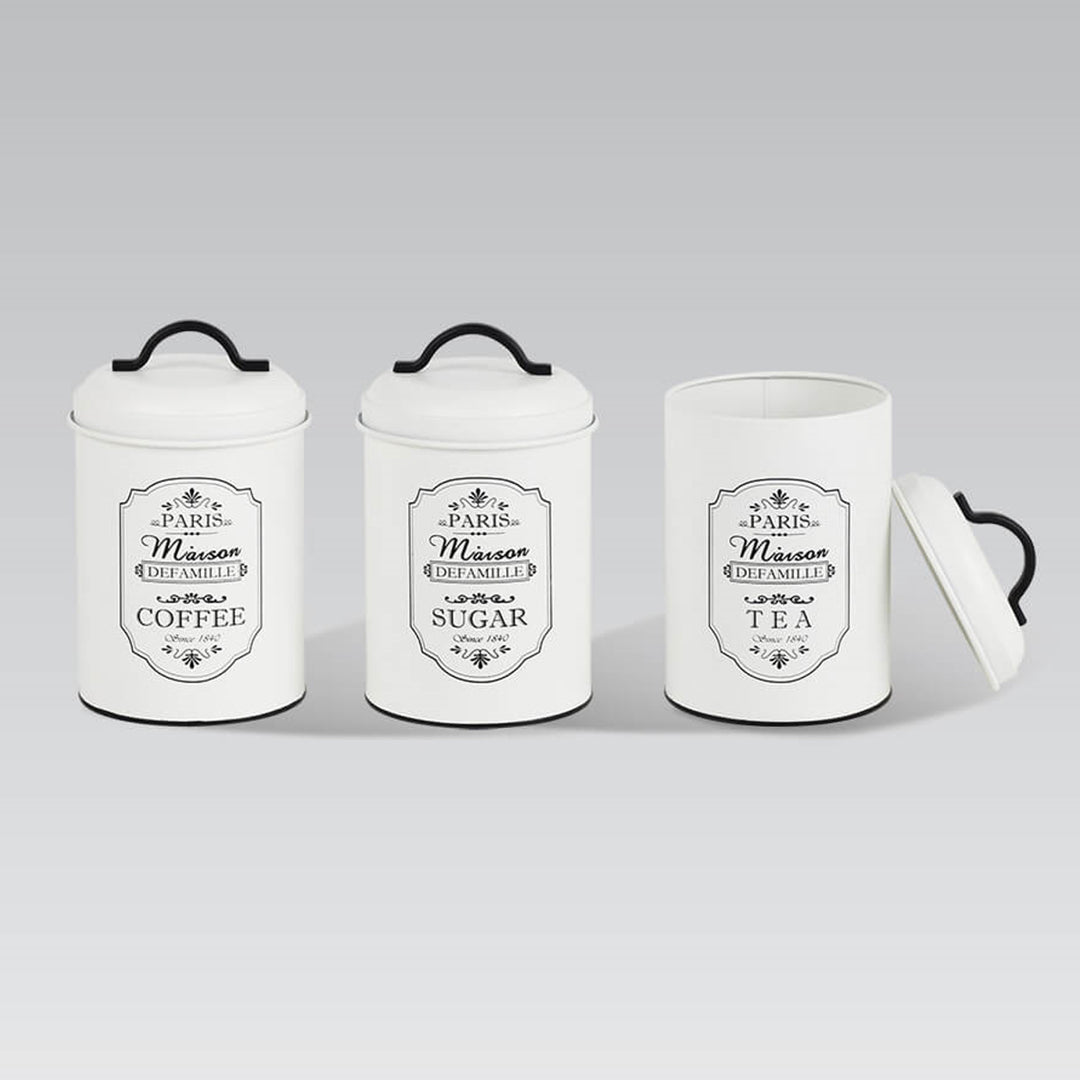 Paris 3 peças de latas de armazenamento conjunto de latas de armazenamento de metal açúcar café chá recipiente de cozinha açúcar café chá 3x Ø11.3x18.5cm branco/preto