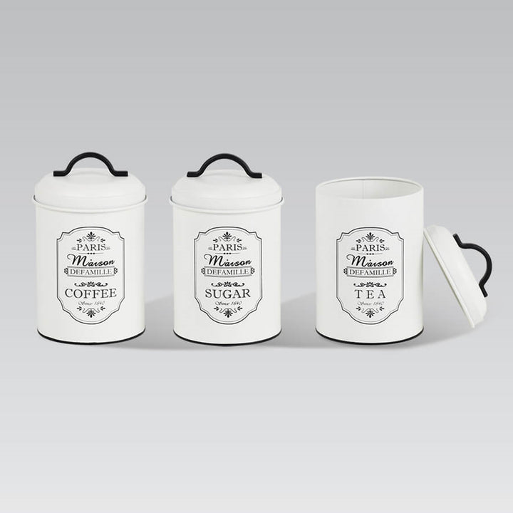 Paris 3 peças de latas de armazenamento conjunto de latas de armazenamento de metal açúcar café chá recipiente de cozinha açúcar café chá 3x Ø11.3x18.5cm branco/preto