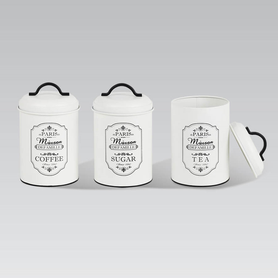 Paris 3 peças de latas de armazenamento conjunto de latas de armazenamento de metal açúcar café chá recipiente de cozinha açúcar café chá 3x Ø11.3x18.5cm branco/preto