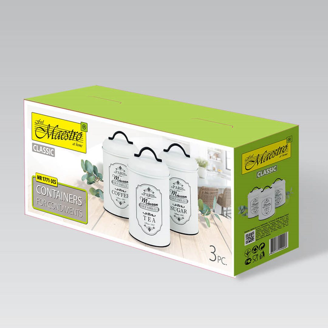 Paris 3 peças de latas de armazenamento conjunto de latas de armazenamento de metal açúcar café chá recipiente de cozinha açúcar café chá 3x Ø11.3x18.5cm branco/preto