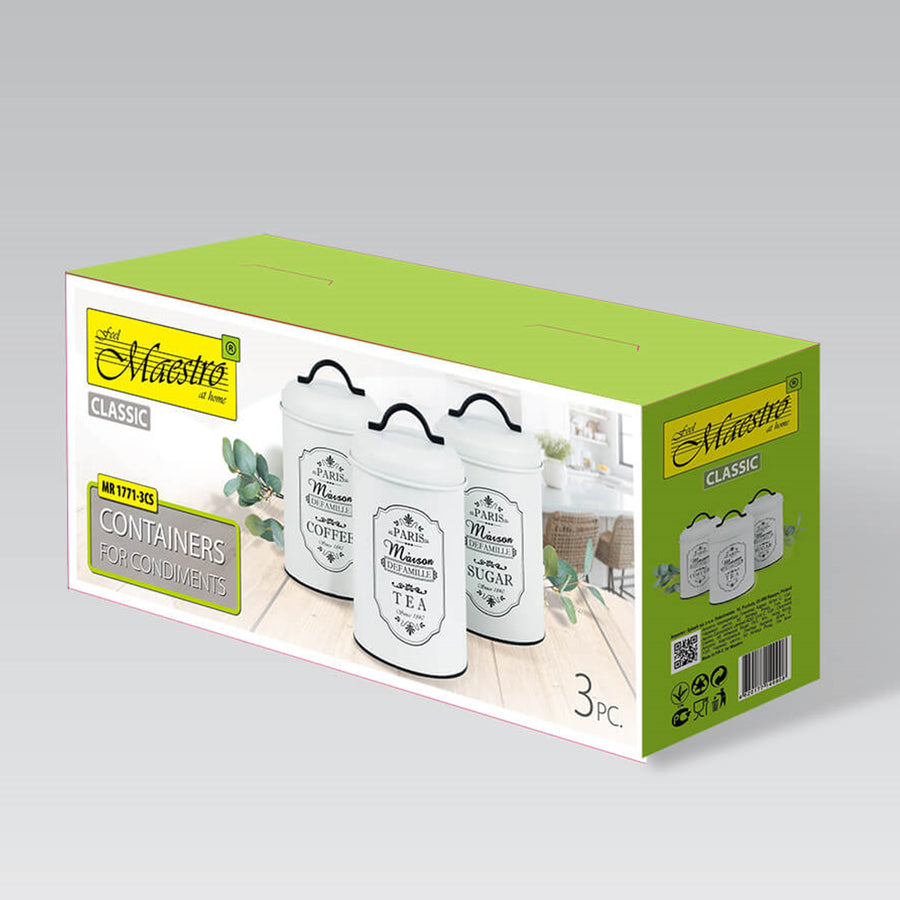 Paris 3 peças de latas de armazenamento conjunto de latas de armazenamento de metal açúcar café chá recipiente de cozinha açúcar café chá 3x Ø11.3x18.5cm branco/preto