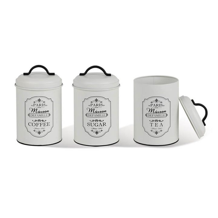 Paris 3 peças de latas de armazenamento conjunto de latas de armazenamento de metal açúcar café chá recipiente de cozinha açúcar café chá 3x Ø11.3x18.5cm branco/preto