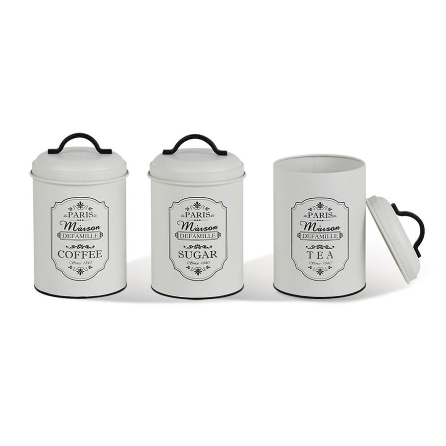 Paris 3 peças de latas de armazenamento conjunto de latas de armazenamento de metal açúcar café chá recipiente de cozinha açúcar café chá 3x Ø11.3x18.5cm branco/preto