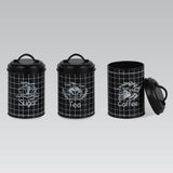 Conjunto de 3 latas metálicas para guardar açúcar, café e chá na cozinha.