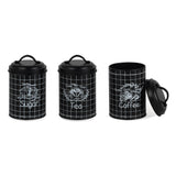 Conjunto de 3 latas metálicas para guardar açúcar, café e chá na cozinha.