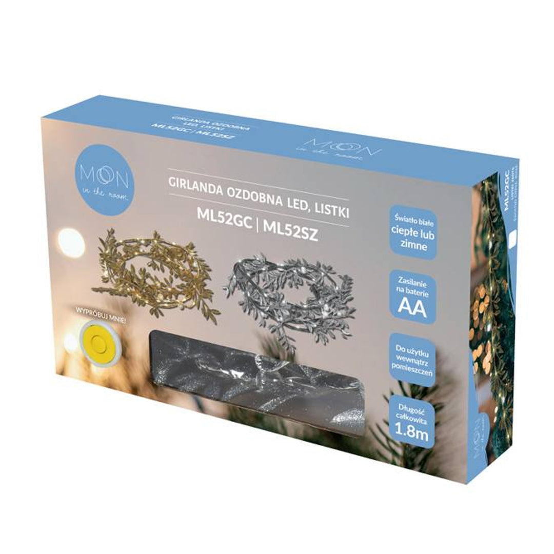 Guirlanda decorativa LED ML52SZ 1,8m folhas prateadas luz branca fria potência 3x AA