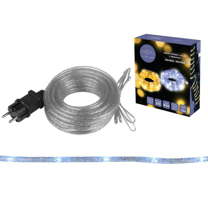 Cordão decorativo ML54SZ 100 LED 10m com glitter prata branco frio IP44