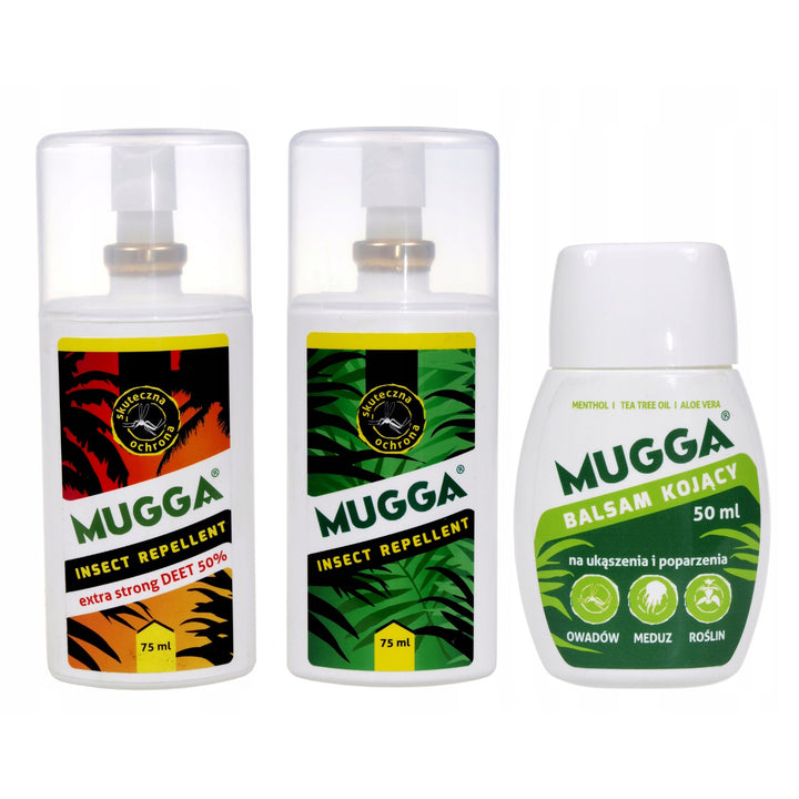 Conjunto 2x Mugga 50% + 9,5% Family Deet + Bálsamo Calmante 50ml