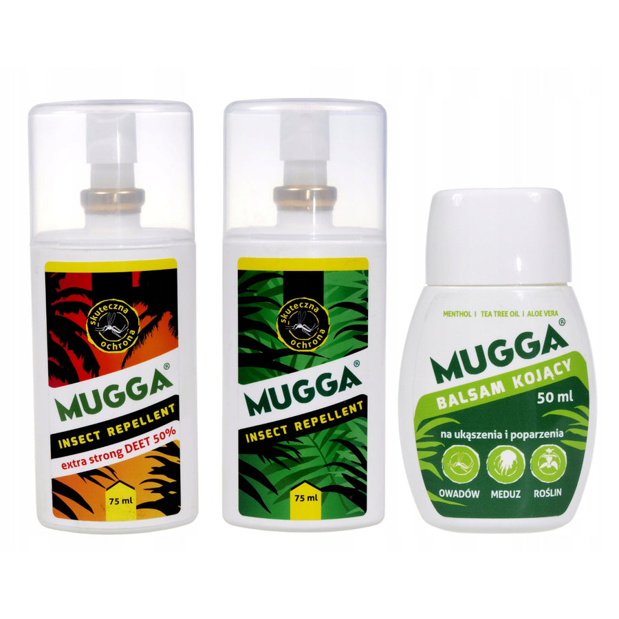 Conjunto 2x Mugga 50% + 9,5% Family Deet + Bálsamo Calmante 50ml