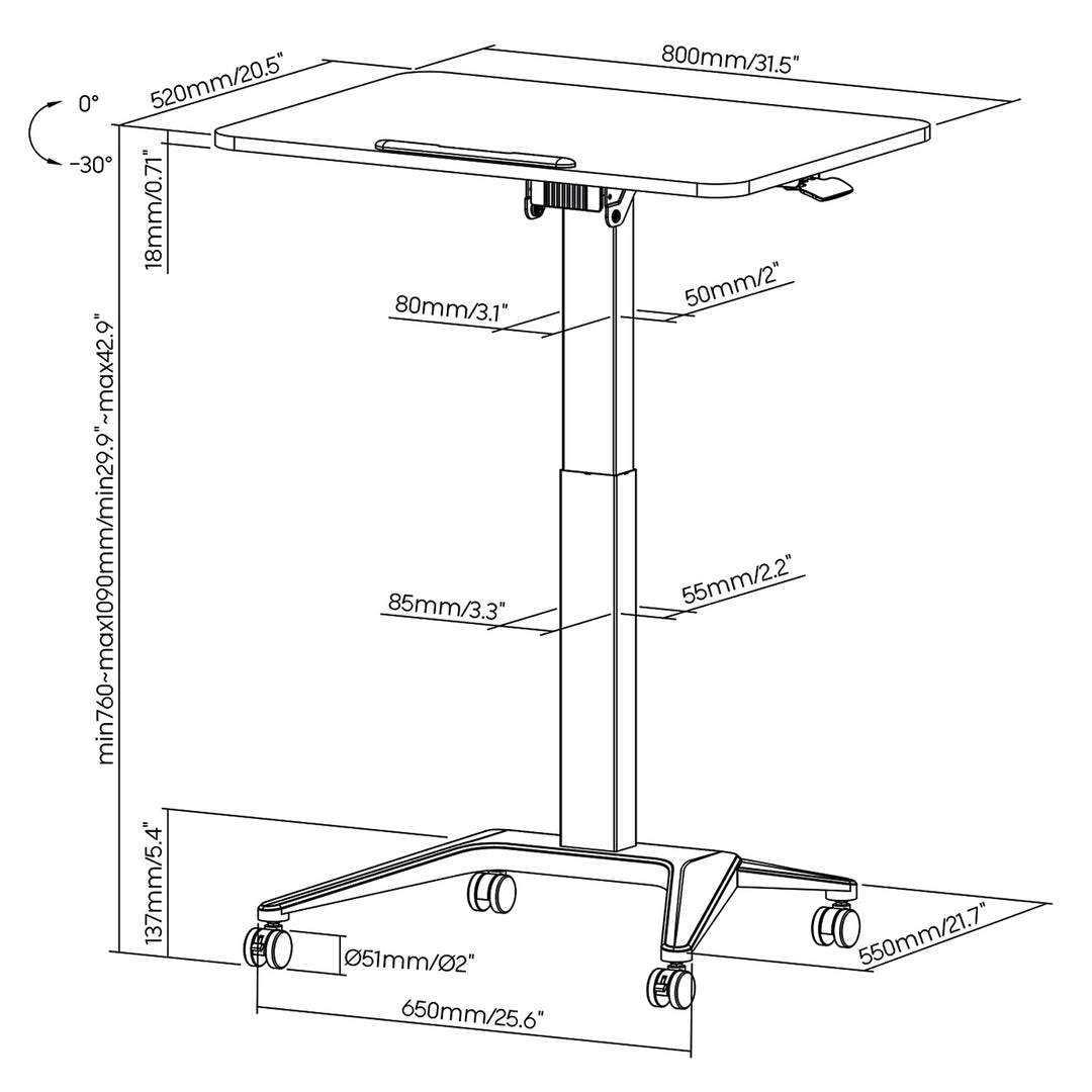 Mesa para portátil Maclean MC-453B, ajuste pneumático em altura, 80 x 52 cm, 8 kg máx., 109 cm de altura, preta