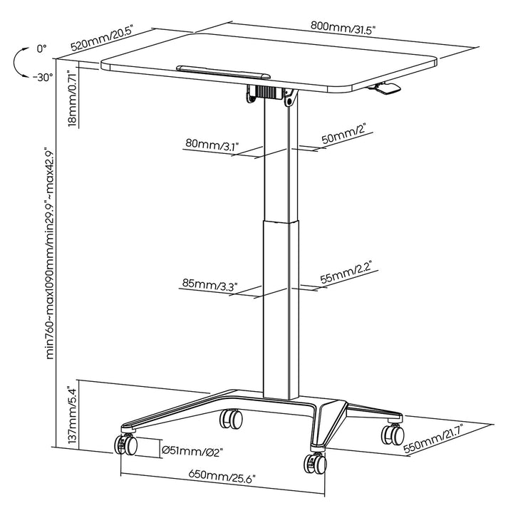 Mesa para portátil Maclean MC-453B, ajuste pneumático em altura, 80 x 52 cm, 8 kg máx., 109 cm de altura, preta