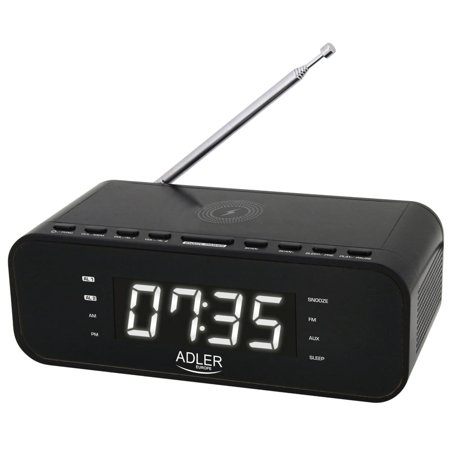 Adler AD 1192B Radio Despertador FM con Cargador Inalámbrico, Bluetooth