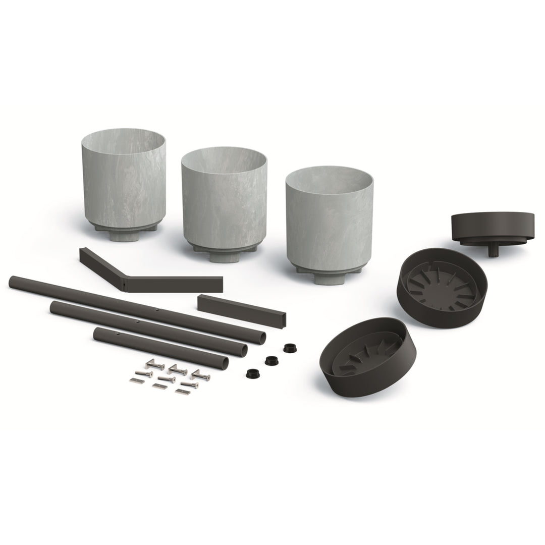 Vaso de flores de três pernas com 3 vasos 54cm x 49 x 80,5cm Estrutura metálica de cor concreto