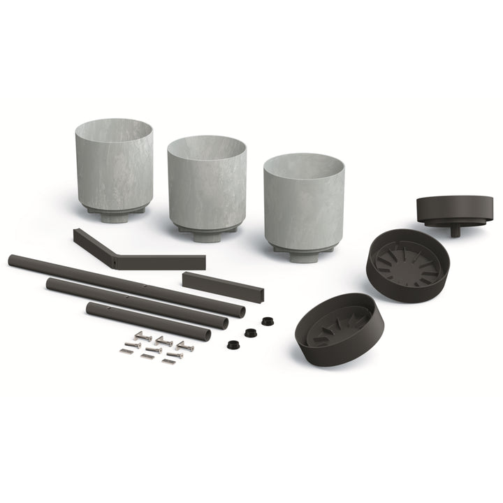 Vaso de flores de três pernas com 3 vasos 54cm x 49 x 80,5cm Estrutura metálica de cor concreto