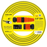Conjunto de mangueiras Cellfast 4YELLOW 15m + sprinkler reto, conexão rápida parada e transbordamento, conexão com rosca fêmea G3/4".