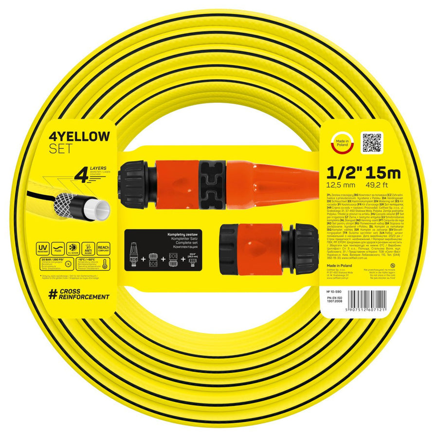 Conjunto de mangueiras Cellfast 4YELLOW 15m + sprinkler reto, conexão rápida parada e transbordamento, conexão com rosca fêmea G3/4".