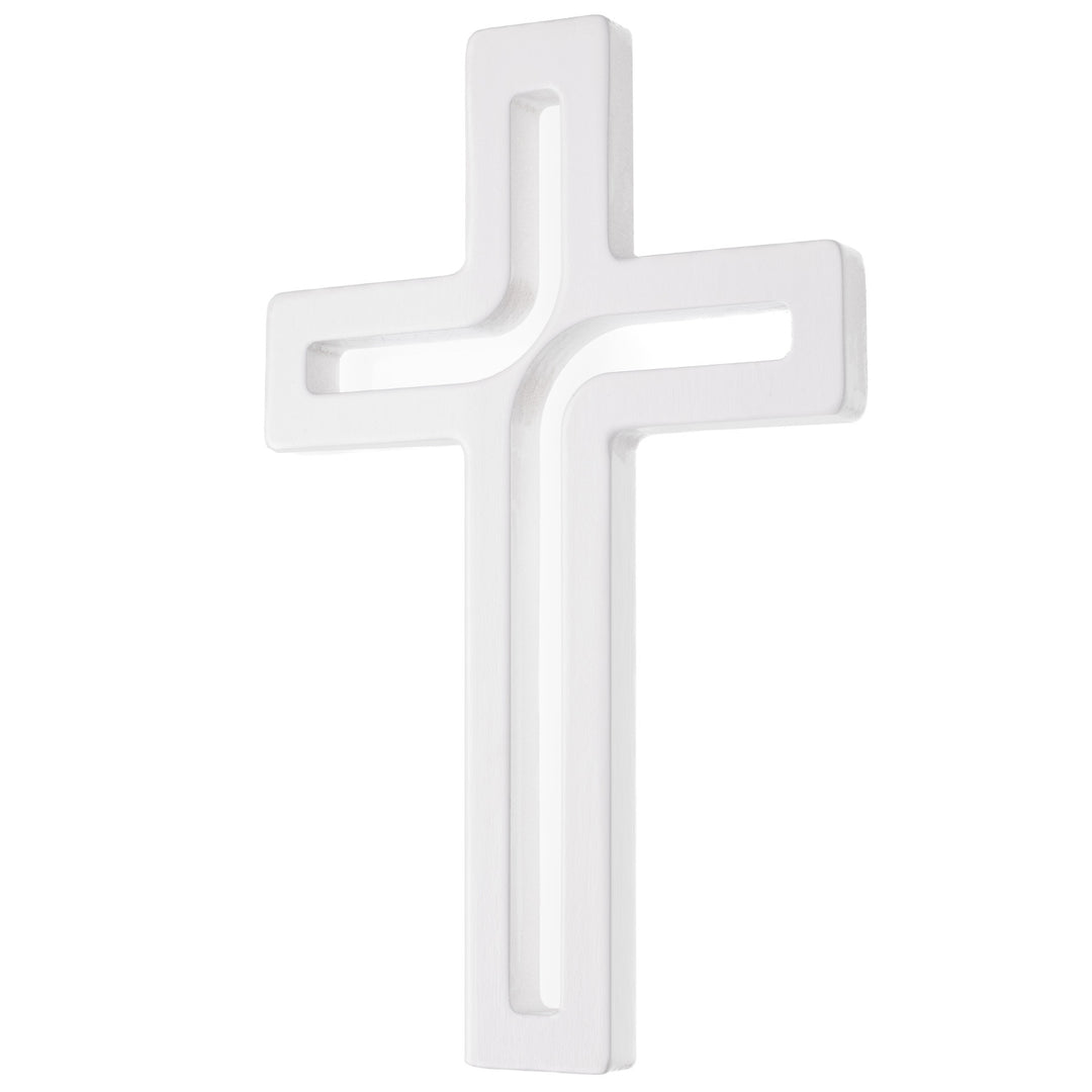 Cruz suspensa moderna em madeira branca 18x12x1,5 cm