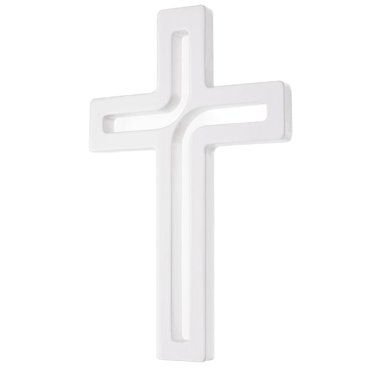Cruz suspensa moderna em madeira branca 18x12x1,5 cm