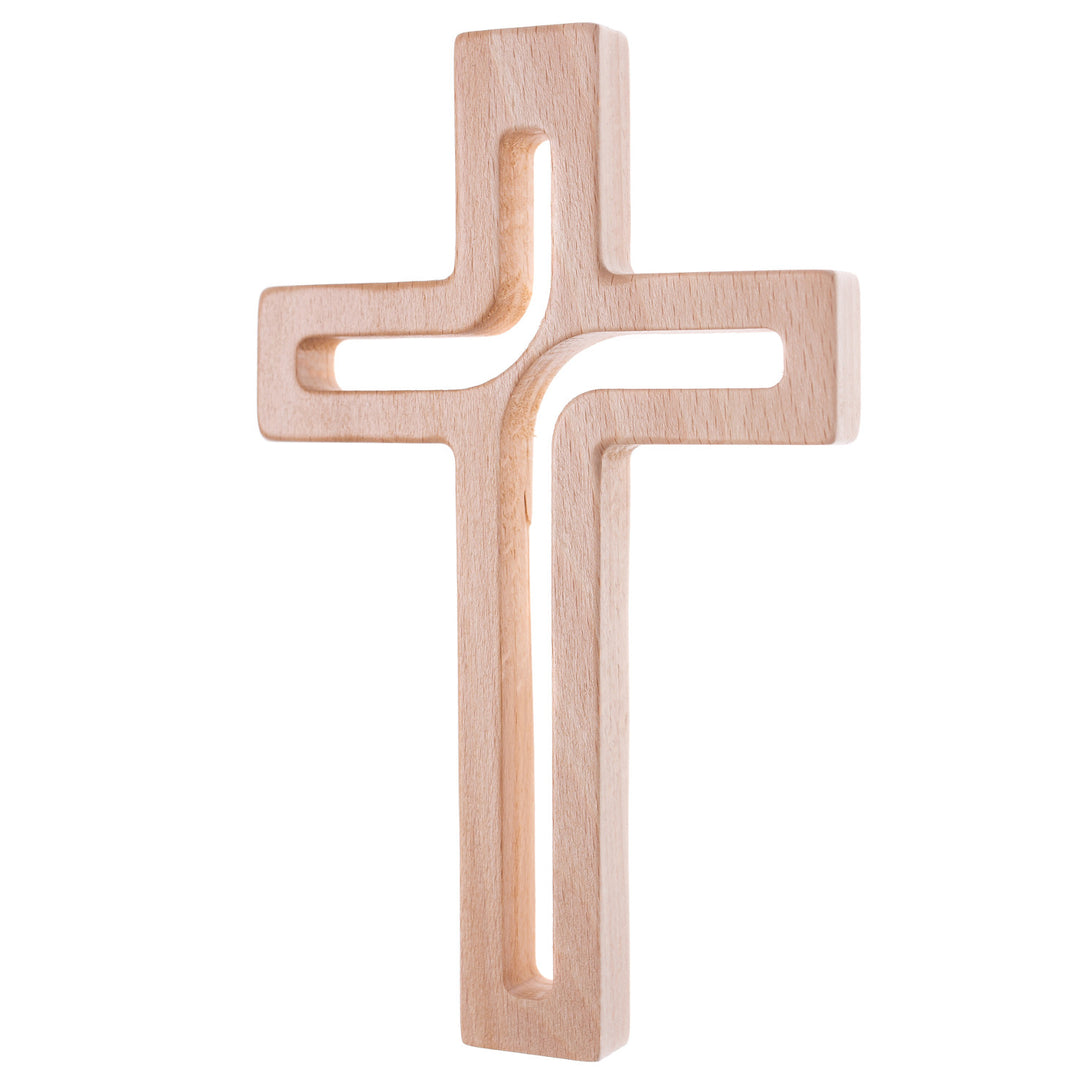 LUDA STUDIO Cruz moderna de madeira suspensa cruz de parede natural 25x16x1,6 cm