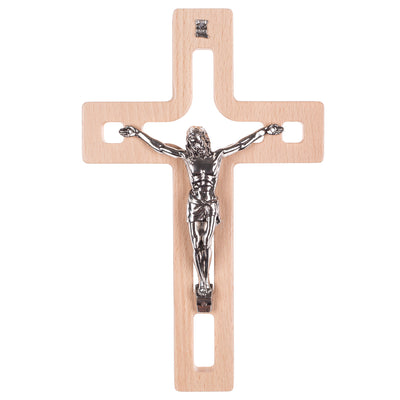 Luda Studio Cruz Colgante de Madera Cruz Moderna con Símbolo de la Pasión (Natural, 18x12x1,4 cm)