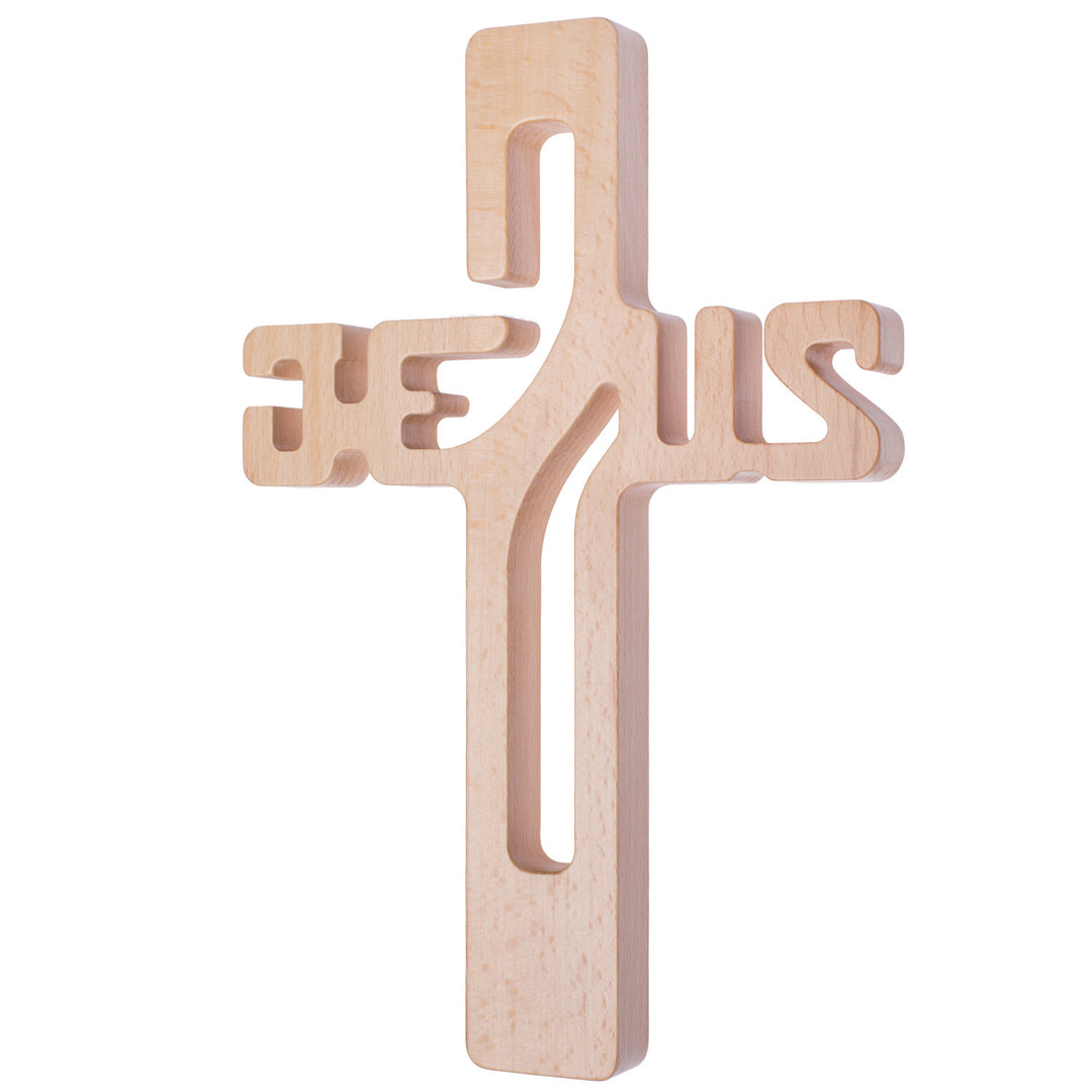 Cruz Pendurada em Madeira Cruzada de Parede com Letras JESUS ​​​​(Natural, 22x14x1,6cm)