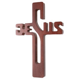 Cruz em madeira com inscrição JESUS, castanho, 22x14x1,6cm