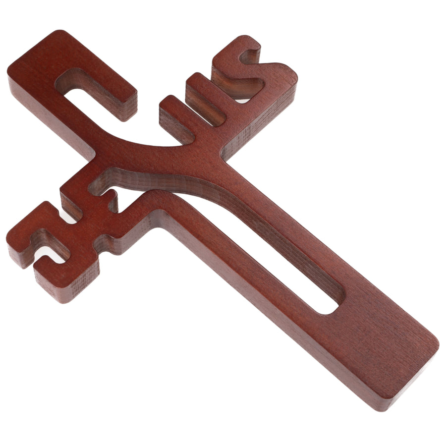 Cruz em madeira com inscrição JESUS, castanho, 22x14x1,6cm