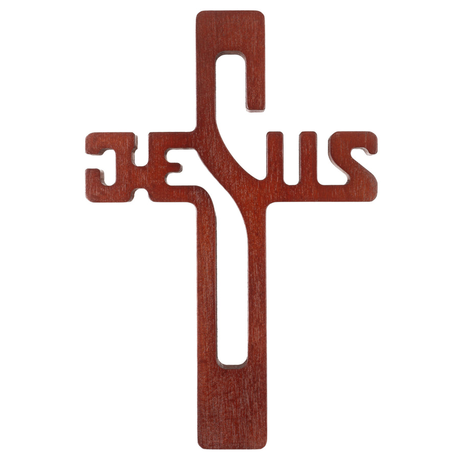 Cruz em madeira com inscrição JESUS, castanho, 22x14x1,6cm