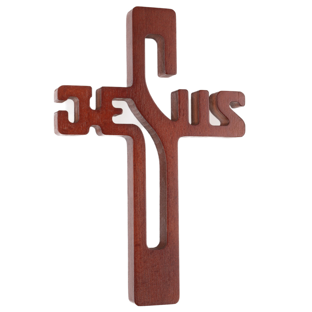 Cruz em madeira com inscrição JESUS, castanho, 30x20x1,8cm