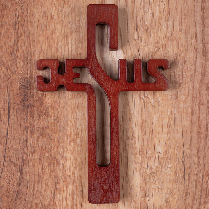 Cruz em madeira com inscrição JESUS, castanho, 30x20x1,8cm
